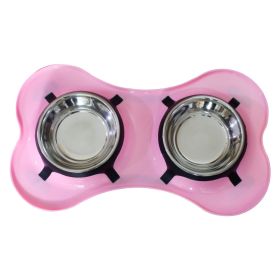Plastic Pet Double Diner with Stainless Steel Bowls, Pink and Silver